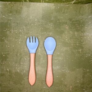 Blue and Wood Baby Utensil Set